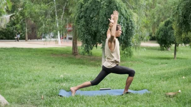 Adam Parkta Yoga Yaparken Çömelme Egzersizi Yapıyor Spor Sağlıklı Yaşam — Stok video