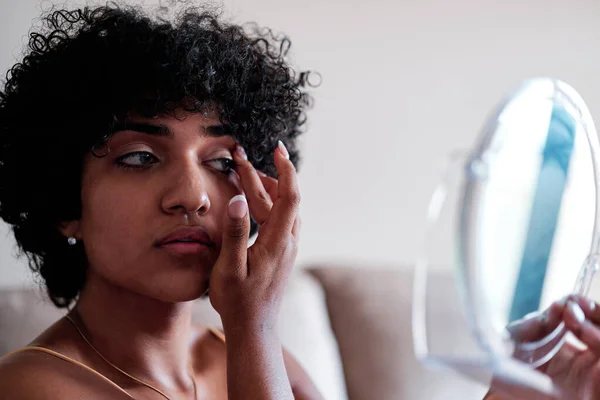 Close View Transgender Woman Holding Looking Herself Small Mirror While — Stock Photo, Image