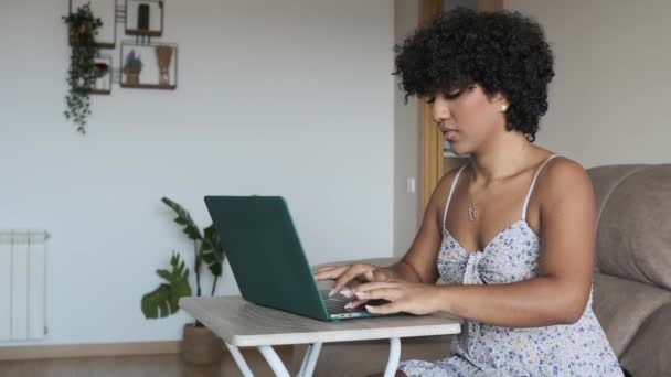 Διεμφυλική Γυναίκα Που Χρησιμοποιεί Φορητό Υπολογιστή Ενώ Κάθεται Έναν Καναπέ — Αρχείο Βίντεο