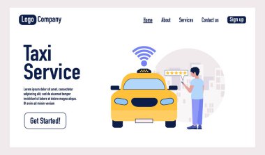 Taksi servisi konsepti. Çevrimiçi taksi servisini kullanan bir karakter. İniş sayfası