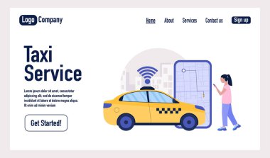 Taksi servisi konsepti. Çevrimiçi taksi servisini kullanan bir karakter. İniş sayfası
