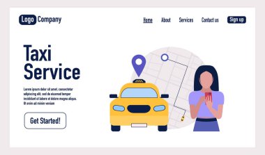 Taksi servisi konsepti. Çevrimiçi taksi servisini kullanan bir karakter. İniş sayfası
