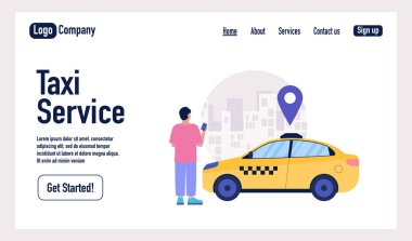 Taksi servisi konsepti. Çevrimiçi taksi servisini kullanan bir karakter. İniş sayfası