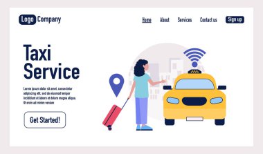 Taksi servisi konsepti. Çevrimiçi taksi servisini kullanan bir karakter. İniş sayfası