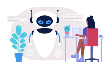 Chatbot destek konsepti. Sanal asistanla karakter danışmanlığı. Renkli düz resimleme