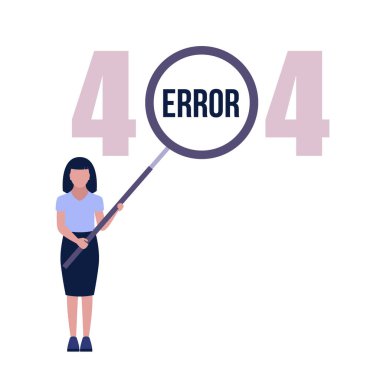 Web sitesi 404 hata kavramı. Büyüteci olan bir karakter. Kayıp, bulunmamış sayfalar. Renkli düz vektör illüstrasyonu