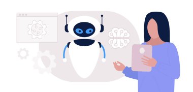 Yapay zeka konsepti. Karakterli bir robot. Düz bir şekilde vektör illüstrasyonu