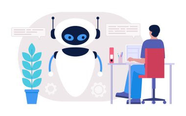 Chatbot destek konsepti. Sanal asistanla karakter danışmanlığı. Renkli düz resimleme