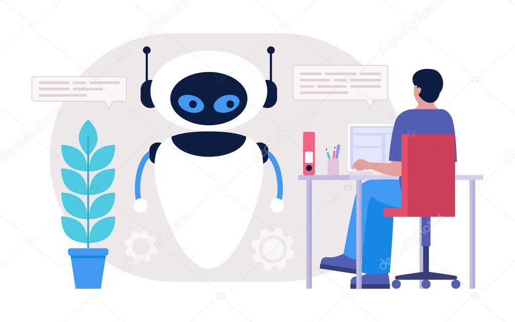 Chatbot support concept. Character consults with virtual assistant. Colorful flat illustration