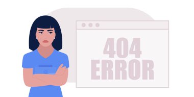 Web sitesi 404 hata kavramı. Bilgisayarlı genç bir kadın. Renkli düz vektör illüstrasyonu