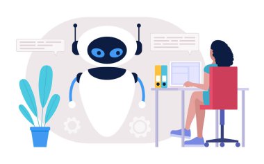 Chatbot destek konsepti. Sanal asistanla karakter danışmanlığı. Renkli düz resimleme