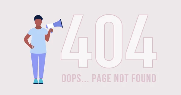 Sito Web 404 Concetto Errore Carattere Con Megafono Pagine Smarrite — Vettoriale Stock