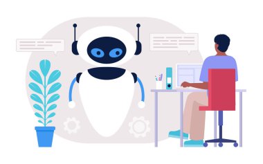 Chatbot destek konsepti. Sanal asistanla karakter danışmanlığı. Renkli düz resimleme