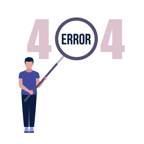 Концепция Ошибки 404 Характер Лупой Потерянные Найденные Страницы Цветная Плоская — стоковый вектор