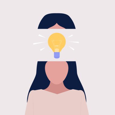 Ampul başlığı fikri olan bir karakter. Fikir beyin fırtınası. Düz bir şekilde vektör illüstrasyonu.