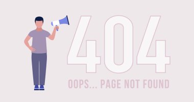 Web sitesi 404 hata kavramı. Megafonlu bir karakter. Kayıp, bulunmamış sayfalar. Renkli düz vektör illüstrasyonu
