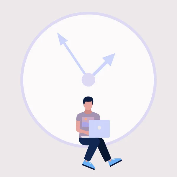 締め切り 時間管理の概念 登場人物は大きな時計の上に座っている 平面図のベクトル図 — ストックベクタ