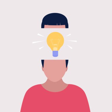 Ampul başlığı fikri olan bir karakter. Fikir beyin fırtınası. Düz bir şekilde vektör illüstrasyonu.