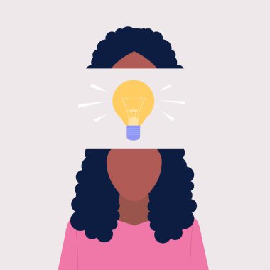 Ampul başlığı fikri olan bir karakter. Fikir beyin fırtınası. Düz bir şekilde vektör illüstrasyonu.