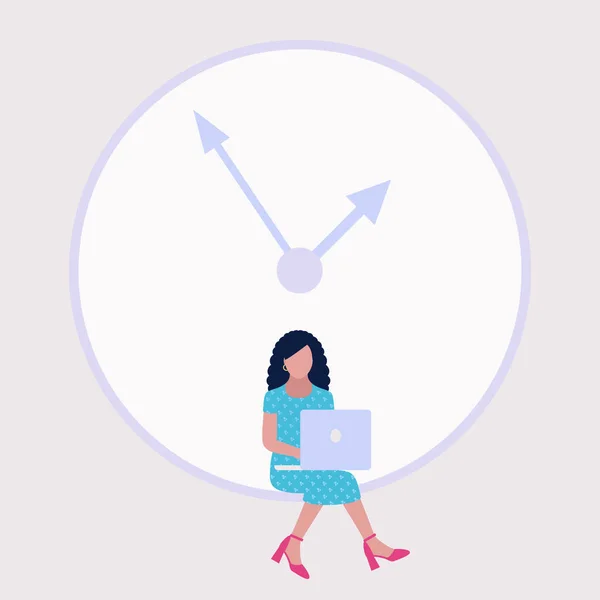 締め切り 時間管理の概念 登場人物は大きな時計の上に座っている 平面図のベクトル図 — ストックベクタ