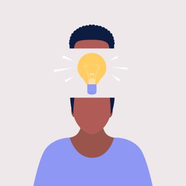 Ampul başlığı fikri olan bir karakter. Fikir beyin fırtınası. Düz bir şekilde vektör illüstrasyonu.