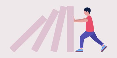 Risk, kriz konsepti. Genç karakter domino etkisini durduruyor. Düz bir şekilde vektör illüstrasyonu