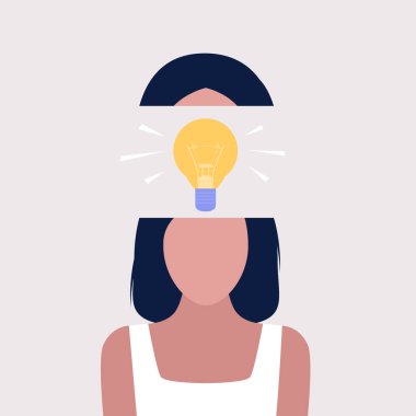 Ampul başlığı fikri olan bir karakter. Fikir beyin fırtınası. Düz bir şekilde vektör illüstrasyonu.