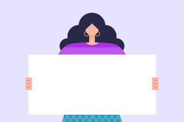 Boş pankartı, afişi, posteri olan karakter. Düz bir şekilde vektör illüstrasyonu