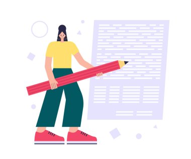 Proje yönetimi, belge doldurma, iş sözleşmesi imzalama. Büyük bir kalem ve belgeye sahip bir karakter. Düz bir şekilde vektör illüstrasyonu