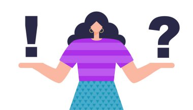 Seçim konsepti. Kollarında soru işareti ve cevap işareti taşıyan karakter. Renkli düz vektör illüstrasyonu.