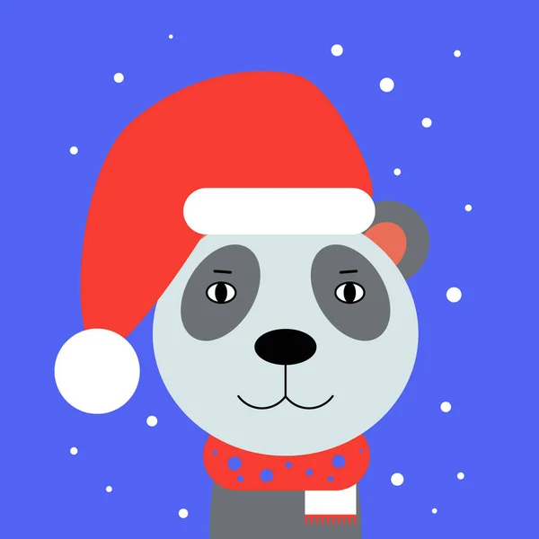 クリスマスの帽子のパンダ頭 新年とクリスマスのテーマ 平面図のベクトル図 — ストックベクタ