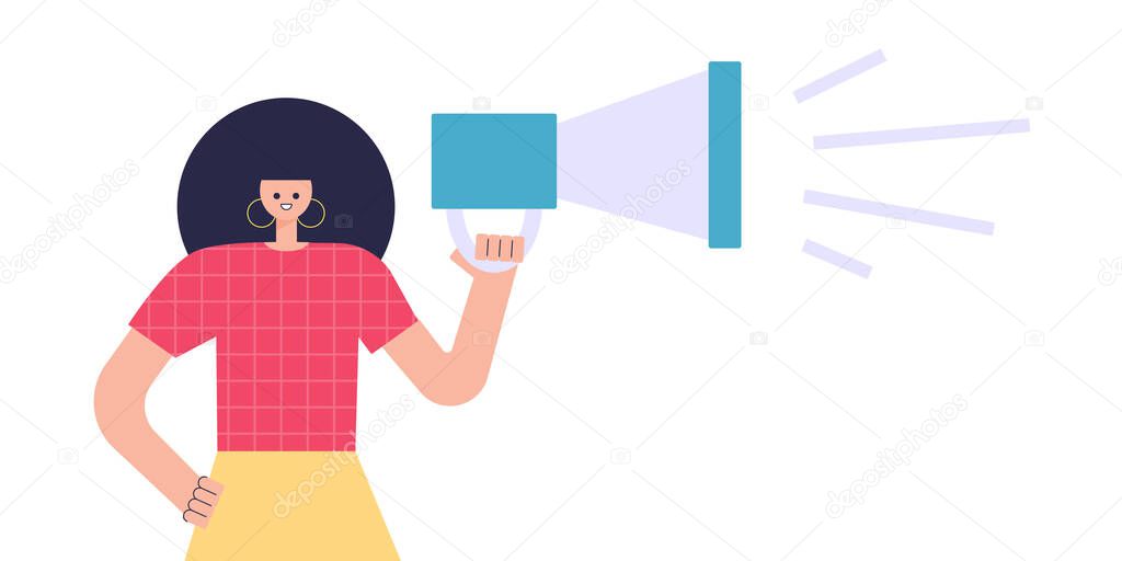 Character speaks into a megaphone. Statement, utterance, news concept. Colorful flat vector illustration