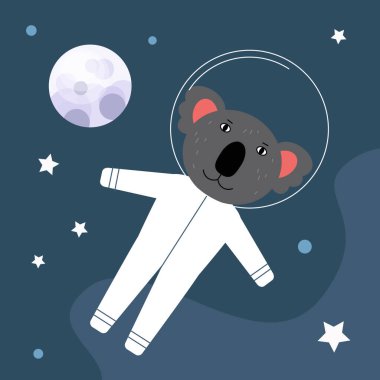 Uzay giysisi içindeki hayvan astronot uzayda uçar. Düz bir şekilde vektör illüstrasyonu