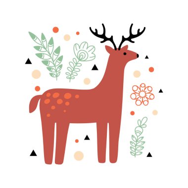 Geyik çizimi. Orman hayvanı. Düz bir şekilde vektör illüstrasyonu