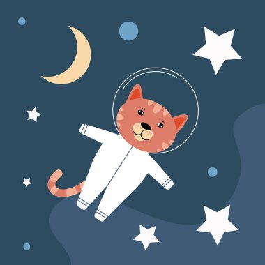 Uzay giysisi içindeki hayvan astronot uzayda uçar. Düz bir şekilde vektör illüstrasyonu
