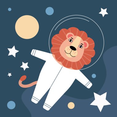 Uzay giysisi içindeki hayvan astronot uzayda uçar. Düz bir şekilde vektör illüstrasyonu