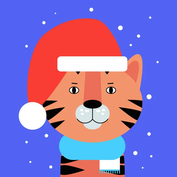 Tigris Fej Karácsonyi Kalapban Újév Karácsony Témája Vektoros Illusztráció Lapos — Stock Vector
