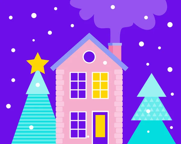 Tarjeta Año Nuevo Casa Bosque Invierno Tema Año Nuevo Navidad — Vector de stock