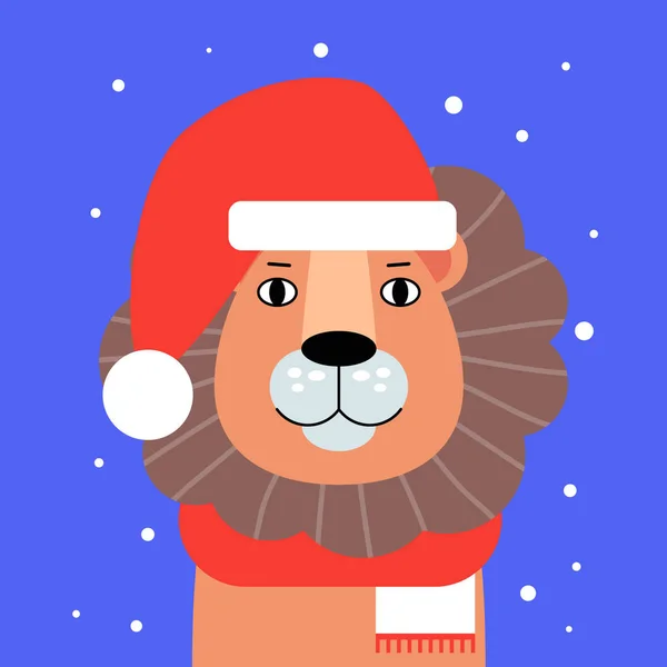 クリスマスの帽子のライオン頭 新年とクリスマスのテーマ 平面図のベクトル図 — ストックベクタ