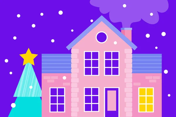 Tarjeta Año Nuevo Casa Bosque Invierno Tema Año Nuevo Navidad — Vector de stock