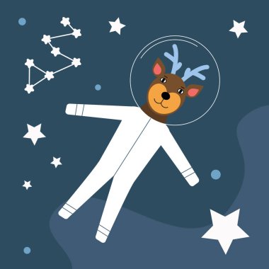 Uzay giysisi içindeki hayvan astronot uzayda uçar. Düz bir şekilde vektör illüstrasyonu