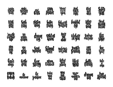 Pozitif ifadelerle ayarlanmış. Vektör harfleri. Kartlar, elbiseler ve diğer şeyler için tasarım