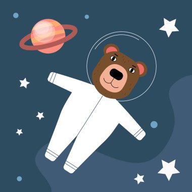 Uzay giysisi içindeki hayvan astronot uzayda uçar. Düz bir şekilde vektör illüstrasyonu