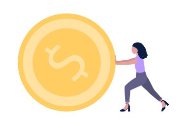 Character pushing a large coin. Vector illustration in a flat style
