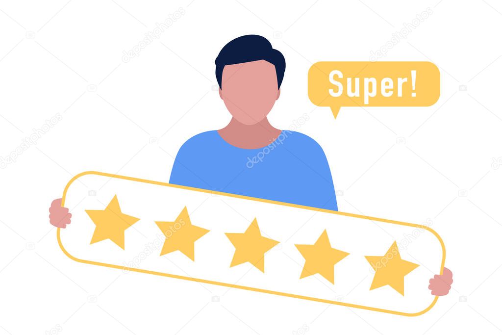 Star rating concept. Young character rates. Vector illustration in a flat style