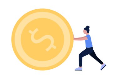 Character pushing a large coin. Vector illustration in a flat styl