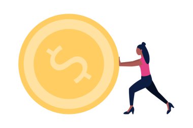Character pushing a large coin. Vector illustration in a flat style