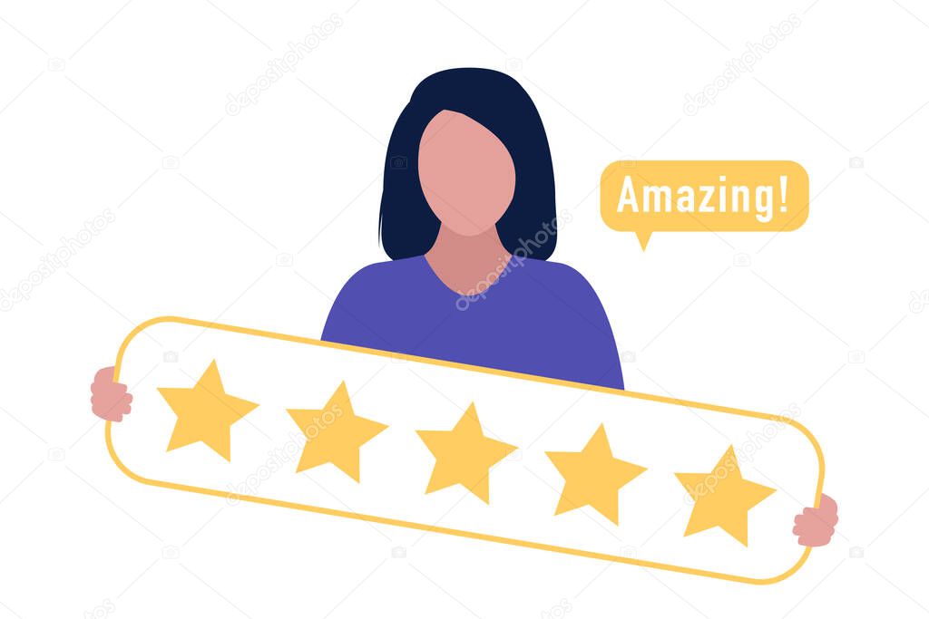 Star rating concept. Young character rates. Vector illustration in a flat style