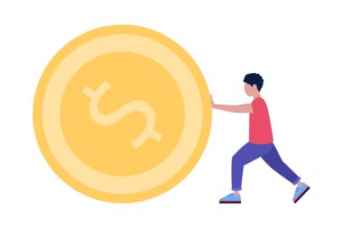 Character pushing a large coin. Vector illustration in a flat style
