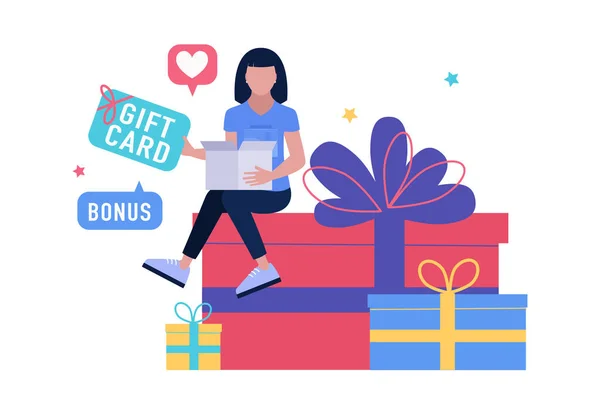 Character Sitting Large Gift Holding Gift Card Vector Illustration Flat — Vetor de Stock